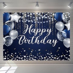Happy Birthday Backdrop for Men Boys Banner 7x5ft Navy Blue and Silver