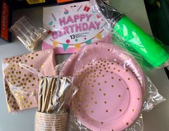 87pc Birthday Party Supplies Set Decor Balloons Lights Pink Blue Gold White Blk