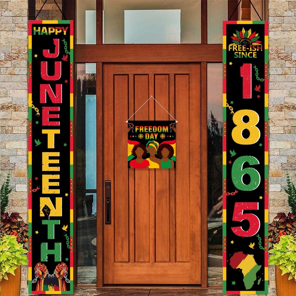 Juneteenth Party Decorations Porch Banner with Hanging Sign, 71» x 12 » Junete