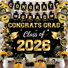 50Pcs Class of 2026 Graduation Decorations Set, Black Gold Graduation Party Kit