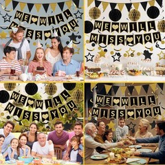Farewell Party Decorations, Black Gold We Will Miss You Banner Hanging Swirls…