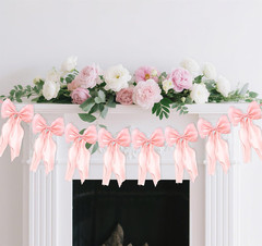 Blue Bow Garland Banner, Pre-Strung Satin Ribbon Bow Themed Party Decorations, B