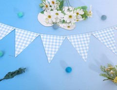 Blue Gingham Flag Banner – Baby Shower Party Decorations,Gingham Pennant
