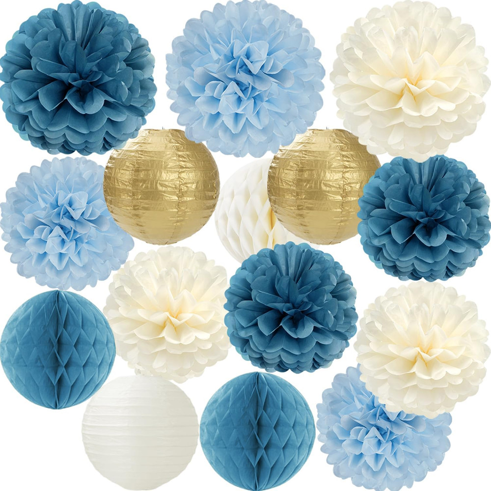 Dusty Blue Champagne Gold Beige Paper Flowers Tissue Pom Poms Honeycomb Lanterns