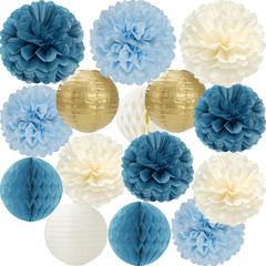 Dusty Blue Champagne Gold Beige Paper Flowers Tissue Pom Poms Honeycomb Lanterns