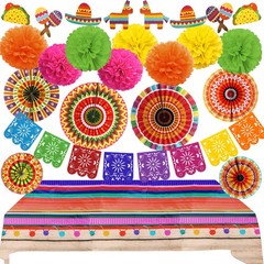 Fiesta Party Decorations, Multicoloured Tablecover Fans Pompoms Decorations M…