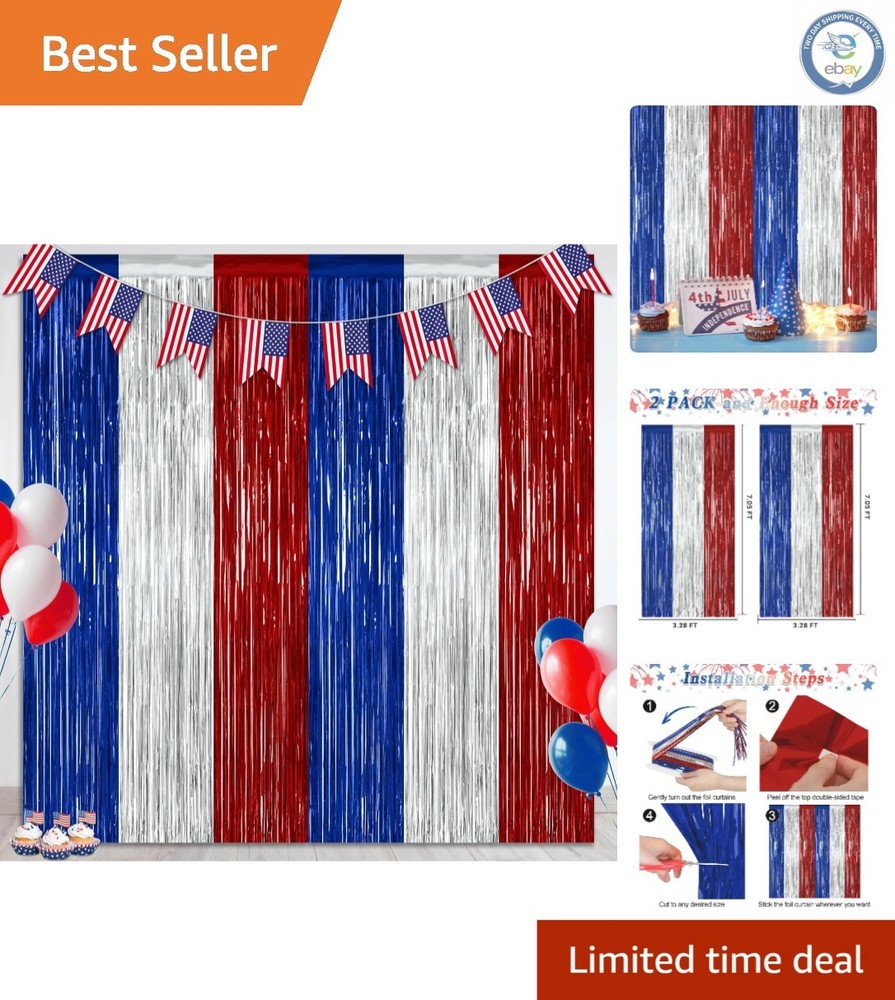 2 Pack 4th of July Decorations – 3.28 FT x 7.05 FT Patriotic Tinsel Backdrops