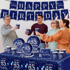 142 Pcs 65th Birthday Tableware Set Decorations Sliver and Blue 65th Happy Bi