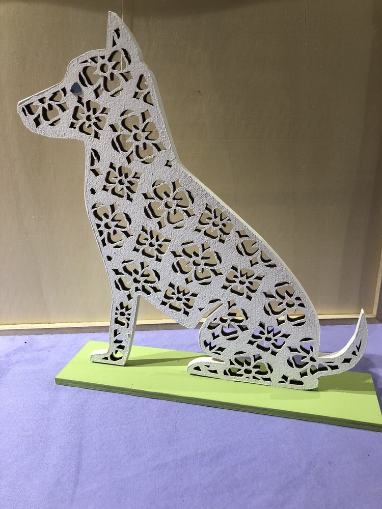 Filigree Style Laser Cut WhiteDog With Acrylic Green Eye.
