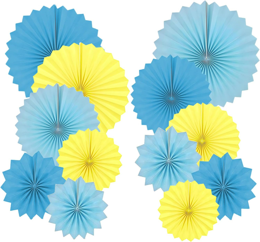 Paper round Fan Party Decorations, Blue Yellow Hanging Fans for Carnival Circus,
