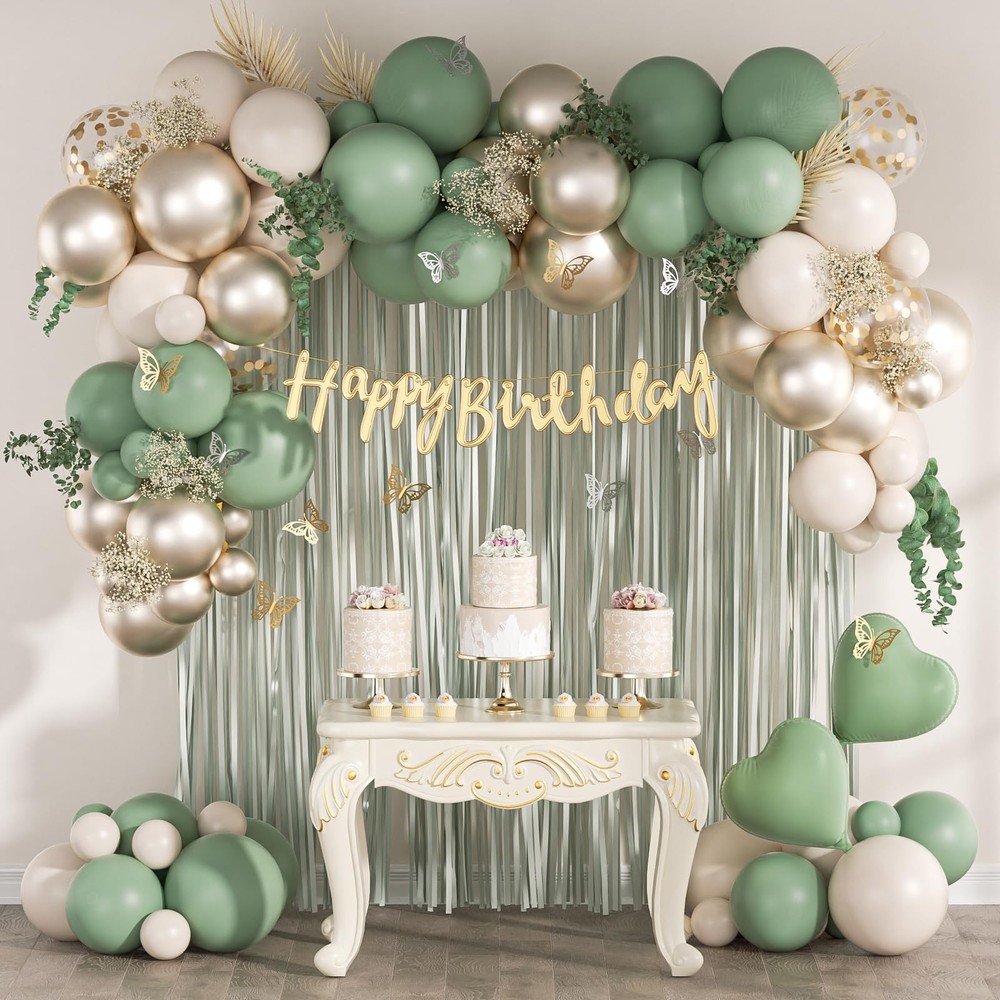 Sage Green Birthday Party Decorations with Happy Banner