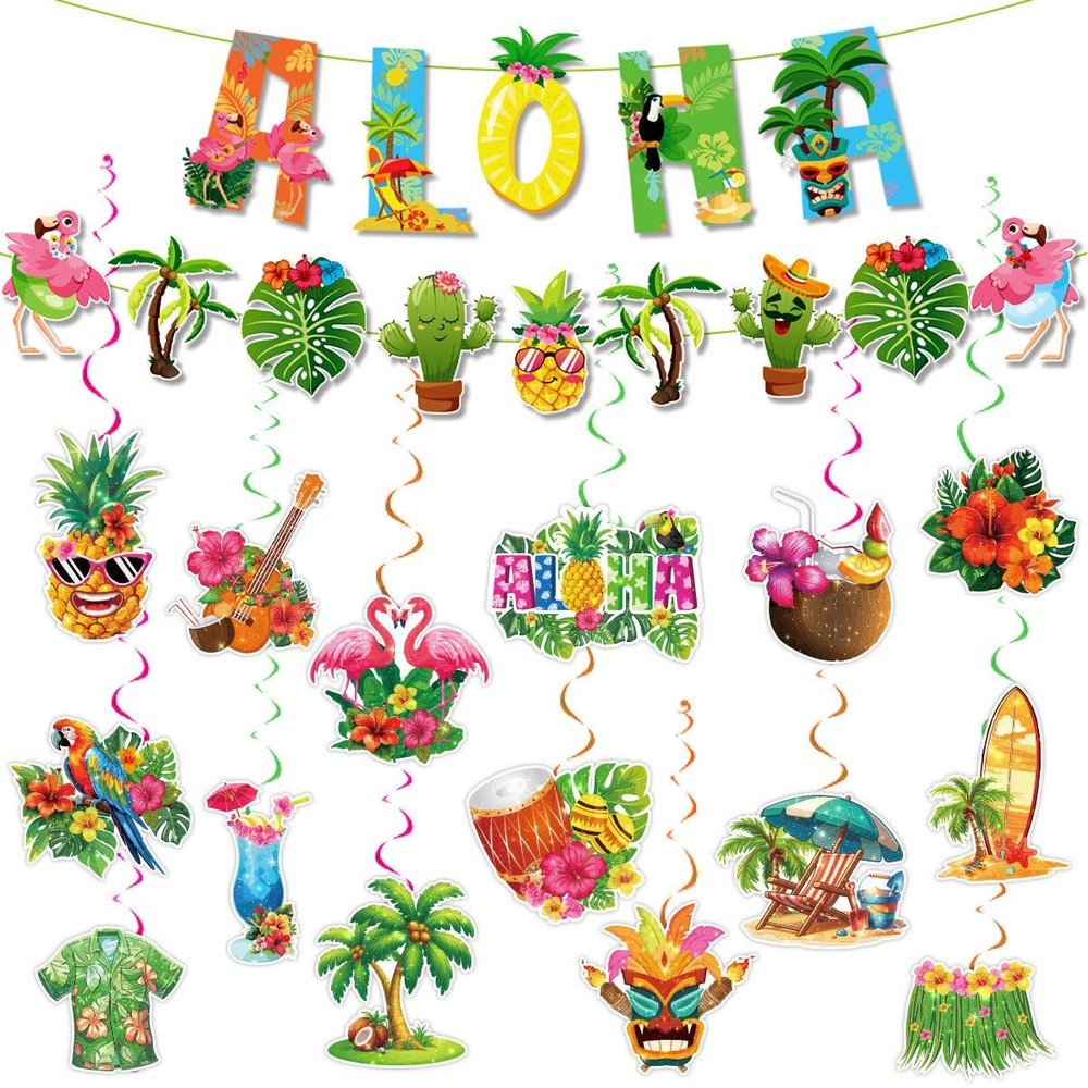 32 Pcs Hawaiian Aloha Party Decorations Green Tropical Decor Set