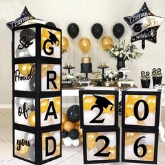 2026 Graduation Party Decoration Black Balloon Boxes with Letters 2026 Grad &…
