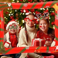 Christmas Photo Booth Props 53 PCS Set – Large Frame 30×25.6 in, Pose Sign Pi…