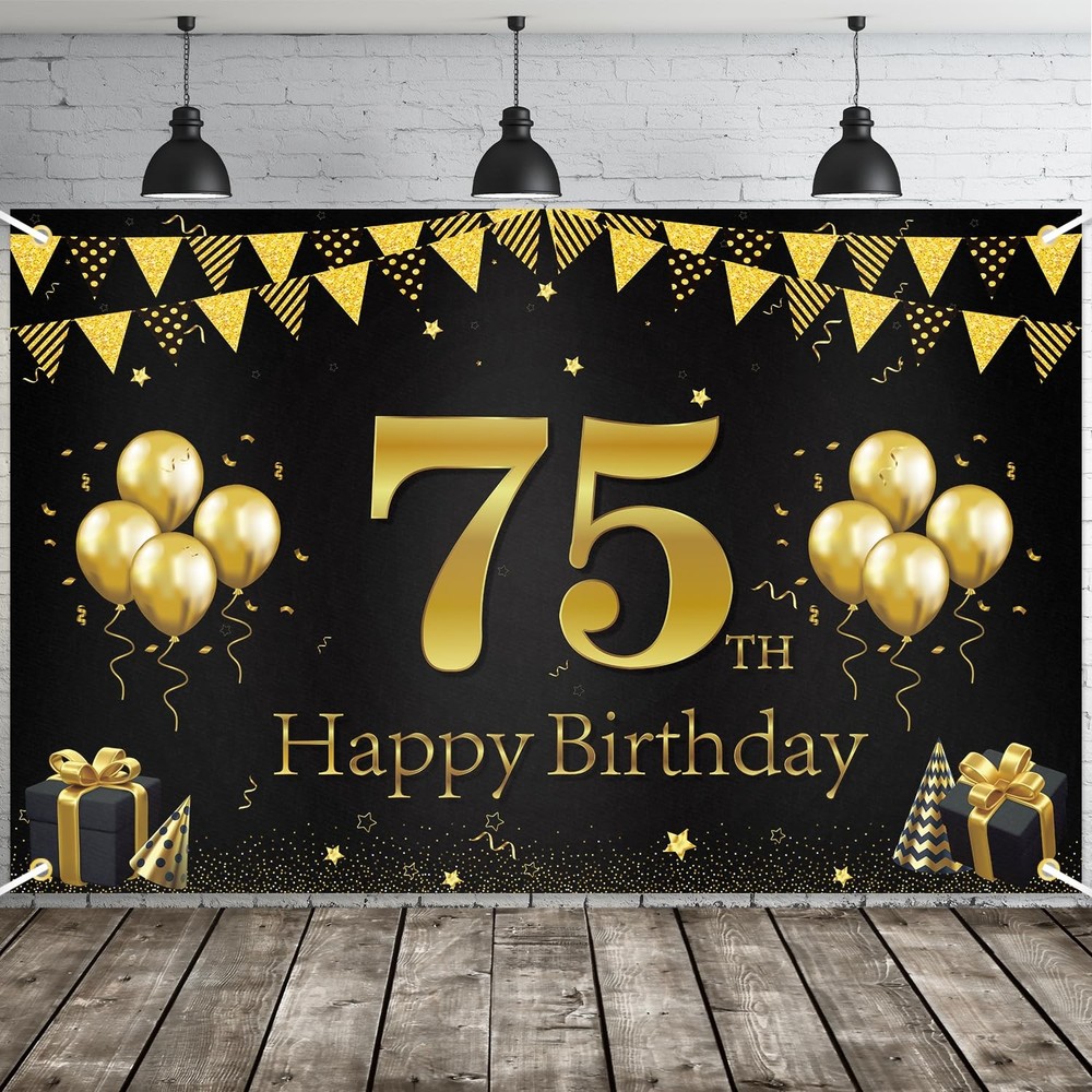 Happy 75th Birthday Banner, Black Gold 75th Birthday Party Decorations for Me…