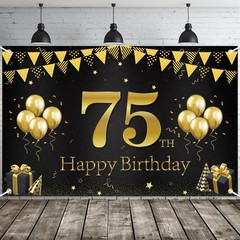 Happy 75th Birthday Banner, Black Gold 75th Birthday Party Decorations for Me…