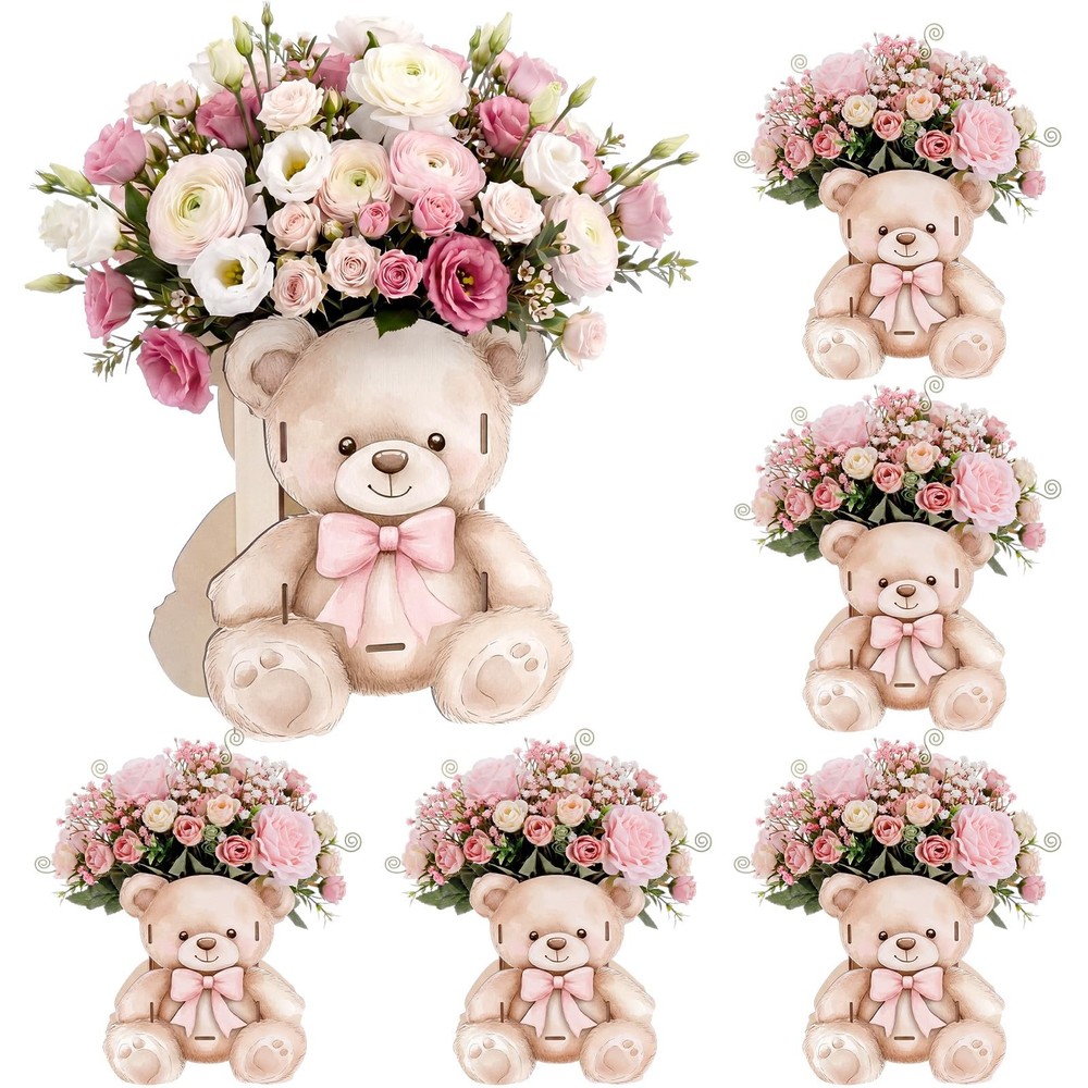 6 Pcs Bear Wooden Centerpieces for Tables Cute Bear with Bow We Can Bearly Wa…
