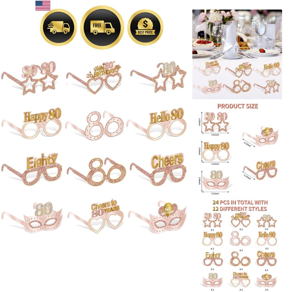 24PCS 80th Birthday Eyeglasses Decorations for Women, Pink Rose Gold Happy 80…