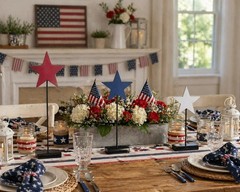3-PC Red White Blue Wood 5.25″ Stars on Metal Tabletop Pedestals 10″-14″H #035