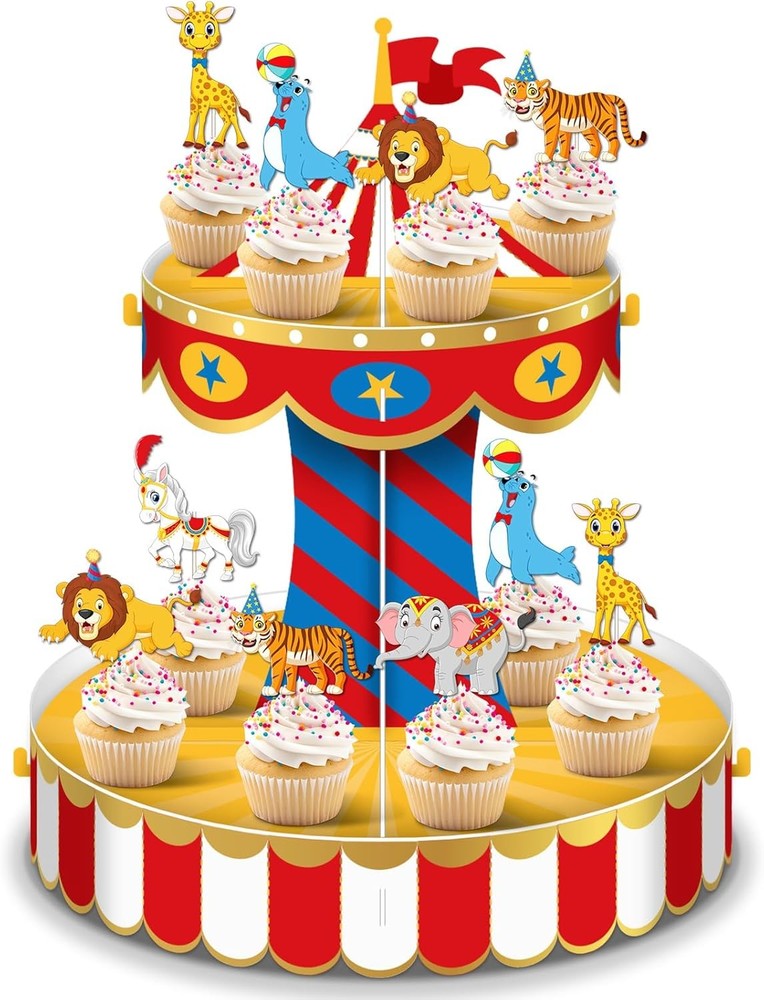 Carnival Circus Cupcake Stand Party Decorations with 24 Cupcake Toppers Circus T