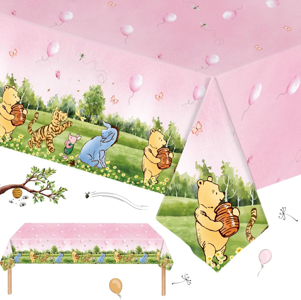 3PCS Pink Winnie Baby Shower Tablecloth Classic Pooh Party Table Cloth for Girl