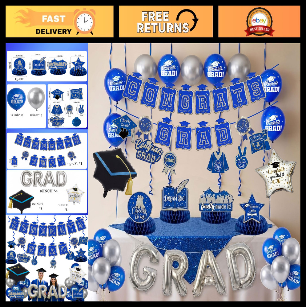 Royal Blue Silver 2026 Graduation Party Decor – Balloons, Banner, Swirls & Cente