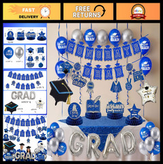 Royal Blue Silver 2026 Graduation Party Decor – Balloons, Banner, Swirls & Cente