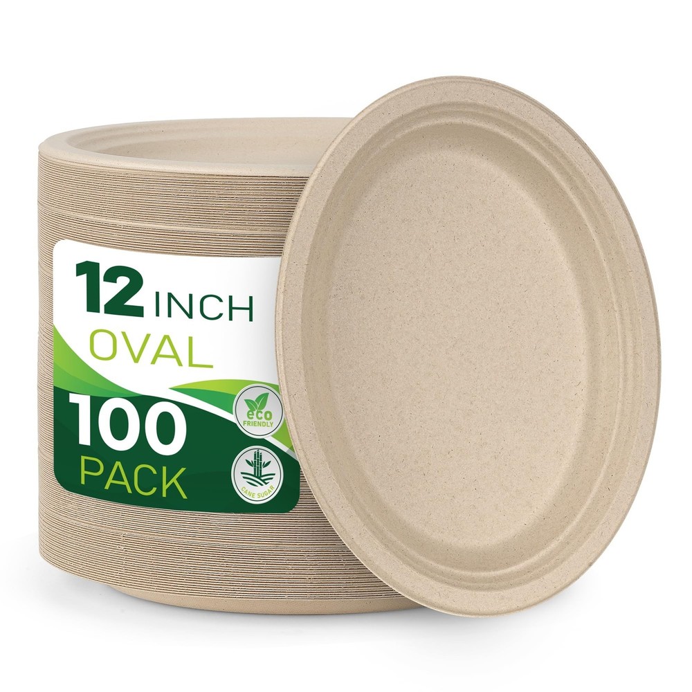 100PCS 100% Compostable Original Oval Paper Plates(12in), Heavy Duty Disposab…
