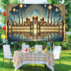 Ramadan Eid Banner Mosque Reflection Backdrop Gold Dome Islamic Wall Decor Ha…