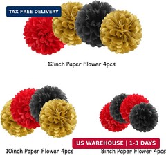 Red-Black Gold Party-Decorations Tissue Pom-Poms – 12pcs Game Night Casino-Theme