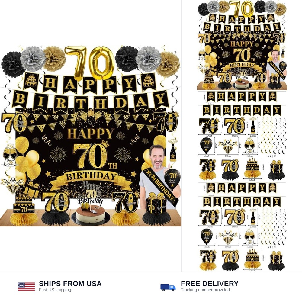Eucutur 42PCS 70th Birthday Decoration Kit for Men Women, Black Gold Happy 70…