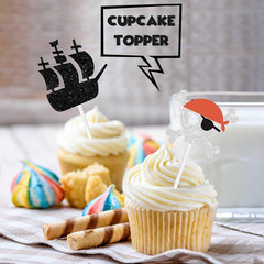 18Pcs Black Glitter Dessert Cupcake Topper Skull Ship Pirate Hat Nautical Sailin