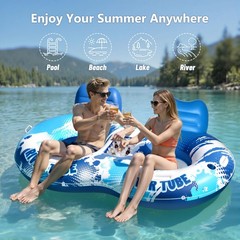 Inflatable 2 Person Floating Tube For River With Cooler & Cup Holders Heavy Duty