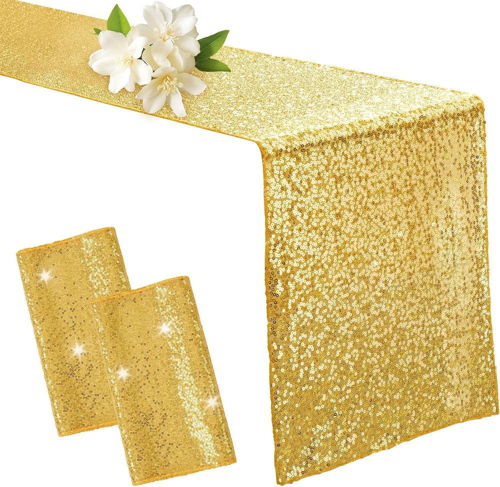 2 Pack Gold Sequin Table Runner 12″ x 72″, Glitter Sparkle Sequin Runners for