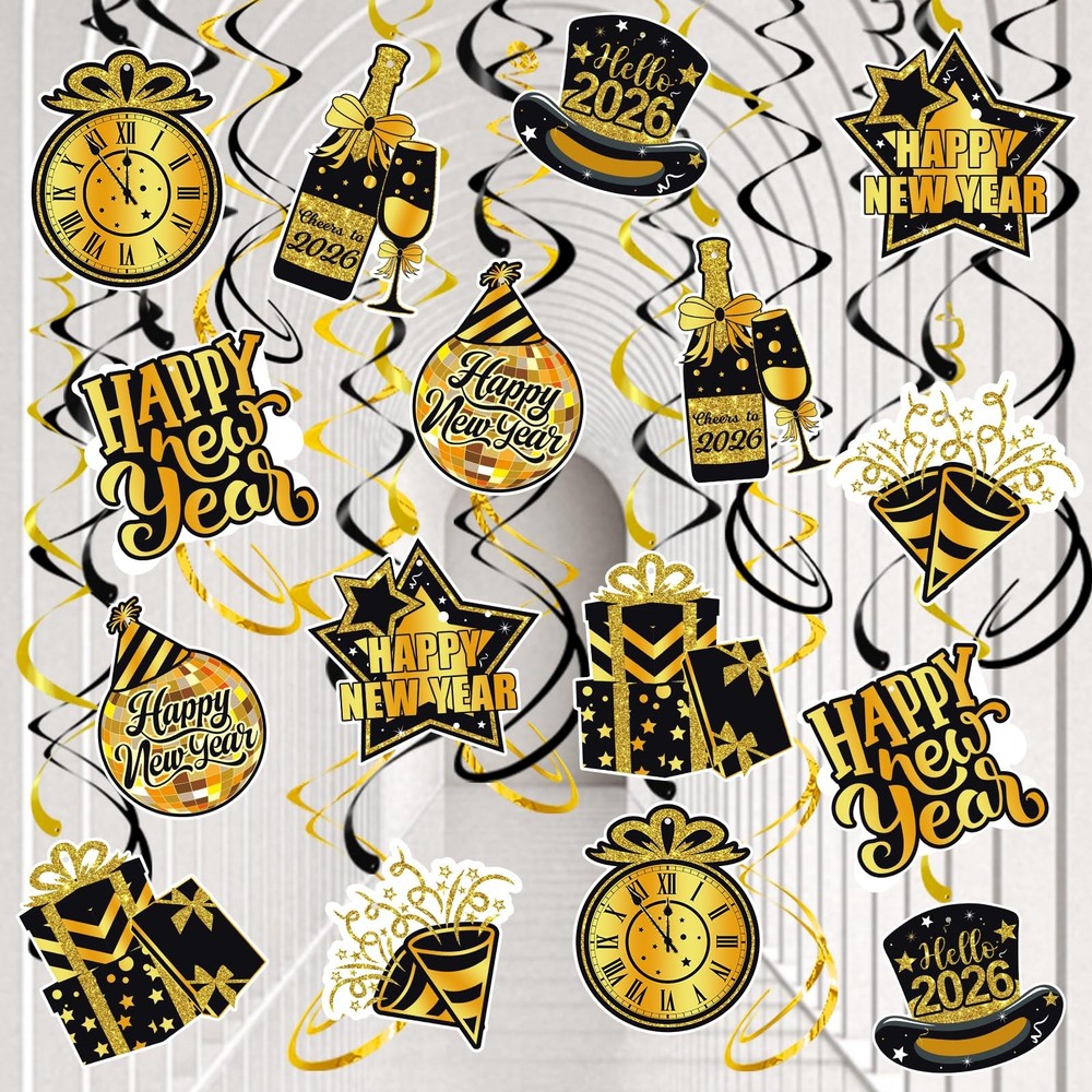 40 PCS 2026 Happy New Year Decorations Hanging Swirls Black Gold Party NYE