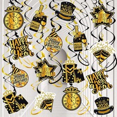 40 PCS 2026 Happy New Year Decorations Hanging Swirls Black Gold Party NYE