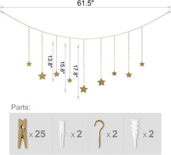 Mkono Hanging Photo Display Boho Decor Wooden Stars Garland with Metal Chains, P