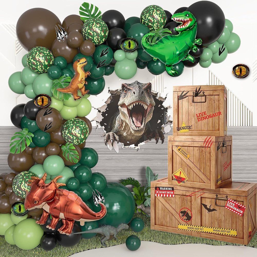 Dinosaur Birthday Party Decorations with 4pcs Dino Theme Boxes Green Brown Black