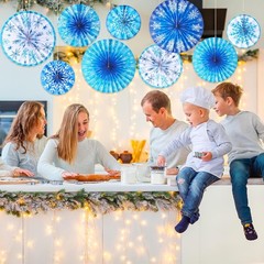 9PCS Winter Snowflake Paper Fans Blue White Hanging Decorations Xmas Party