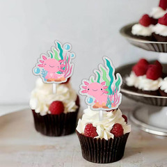 18Pcs Pink Glitter Cute Axolotl Dessert Cupcake Topper Pick for Cartoon Animal S