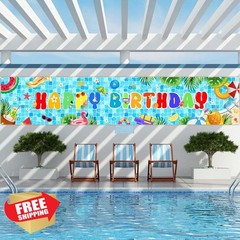 AIBIIN Pool Birthday Banner Summer Swimming Pool Birthday Yard Sign Decoratio…