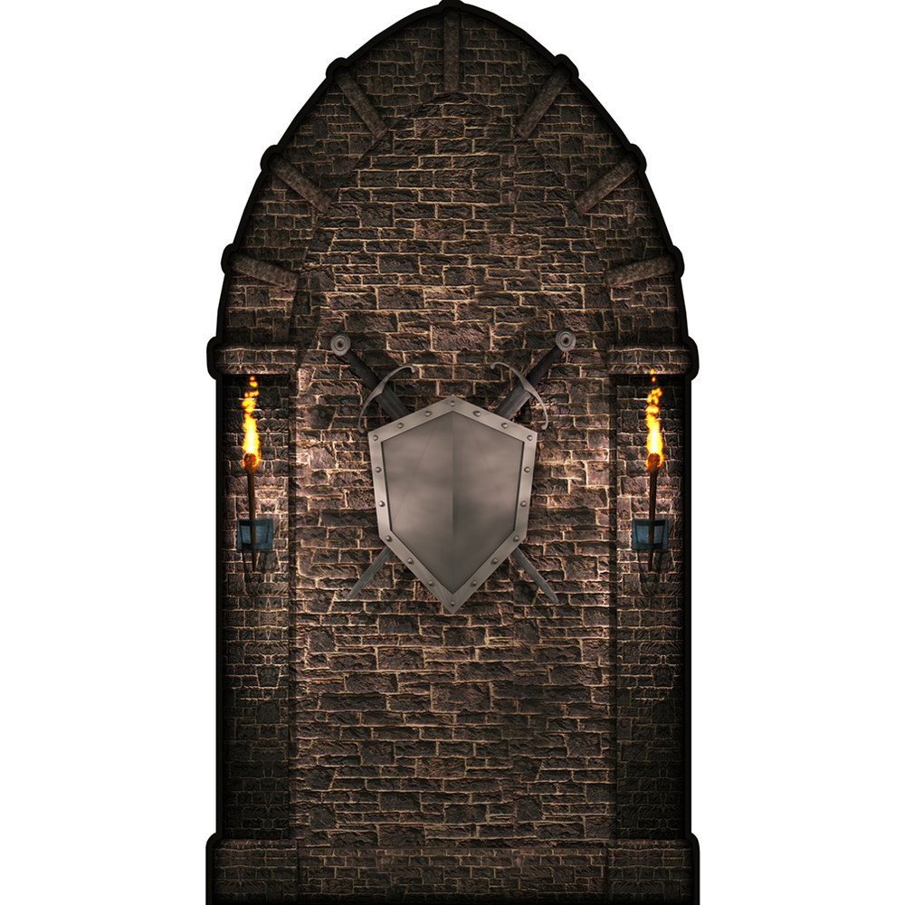 SP12581 Medieval Brick Stone Wall Arch Sword Shield Torch Cardboard Cutout Stand