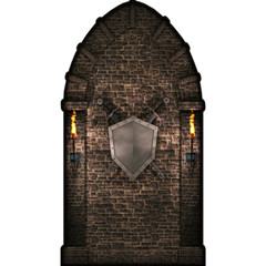 SP12581 Medieval Brick Stone Wall Arch Sword Shield Torch Cardboard Cutout Stand