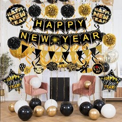 Happy New Year Paper Banner Triangle Flag Bunting Pom poms Swirls Streamers &