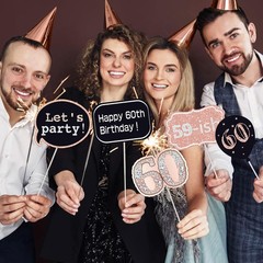 32 PCS Pink Rose Gold Black 60th Birthday Photo Booth Props Party Supplies