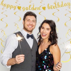 Happy Golden Banner with 6 Hanging Swirls: Pre-Assembled Glitter Banner & Met…