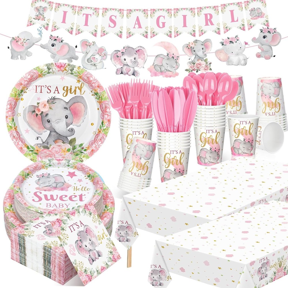 405 Pcs Pink Elephant Style Baby Shower Decorations for Girl, It’s a Girl