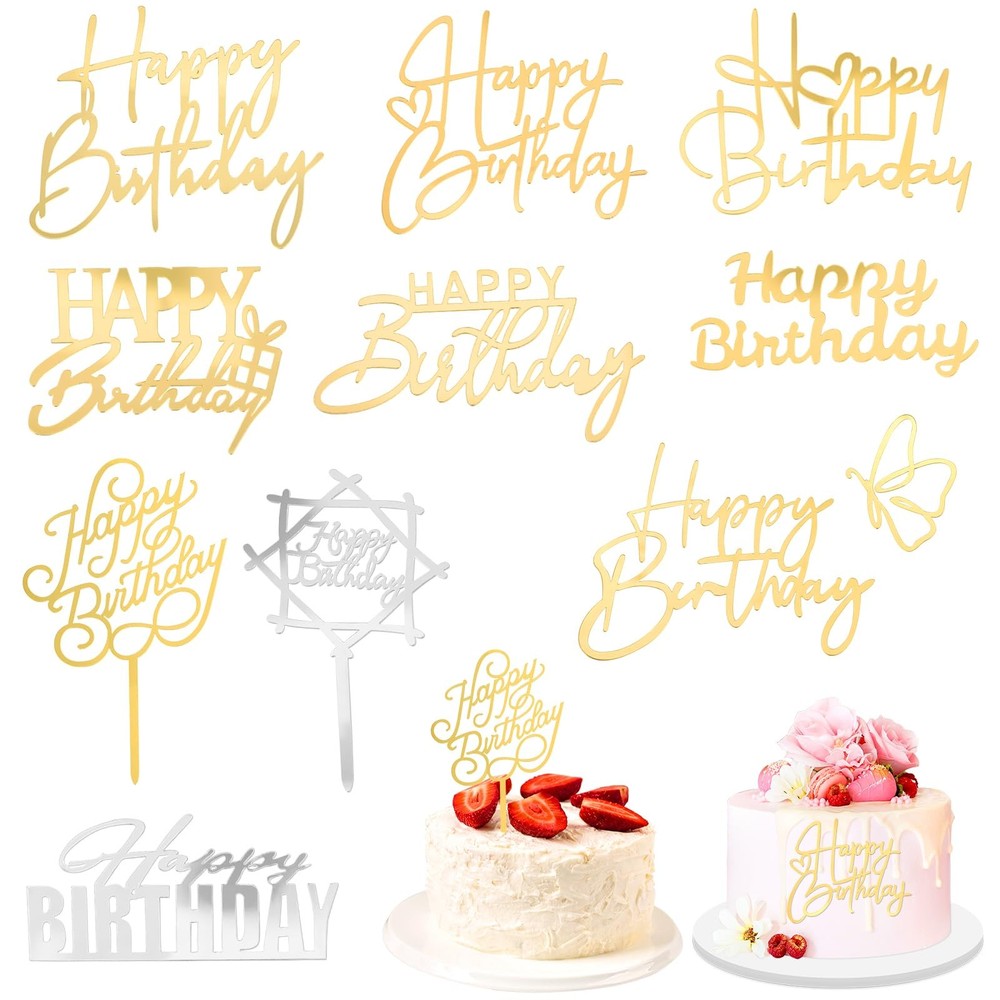 Gold Happy Birthday Cake Toppers Acrylic Sign Decorations Party Dessert 10 PCS