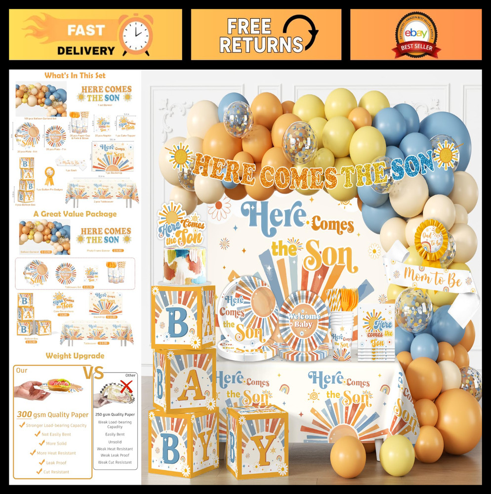 Retro Sun Baby Shower Decor – Sunshine Theme, Boho Boy Party Supplies & Decorati