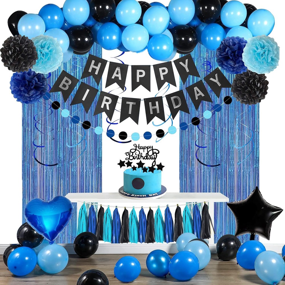 Blue and Black Happy Birthday Party Decorations kit for Boys Men Women with H…